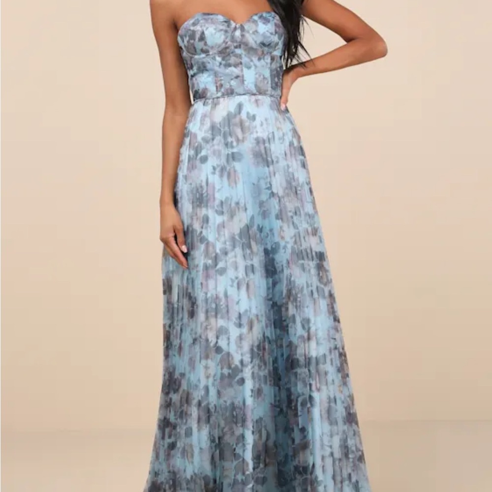 Lulu's Strapless Blue and Gray Floral Dress